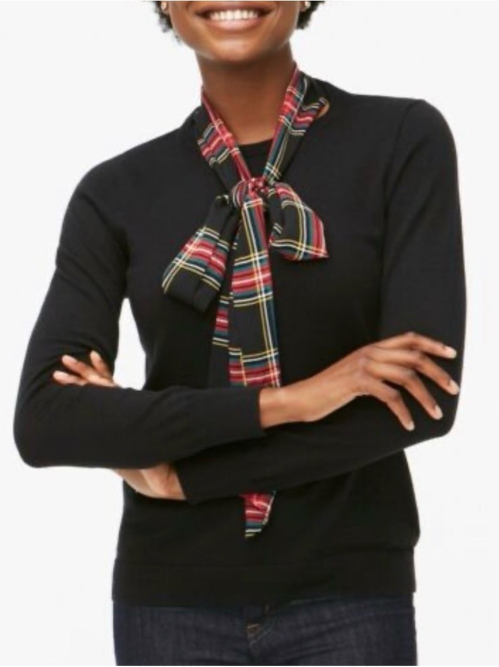 J. Crew Black Crewneck Sweater with Tartan Plaid Bow 100% Merino wool (Bin 091)